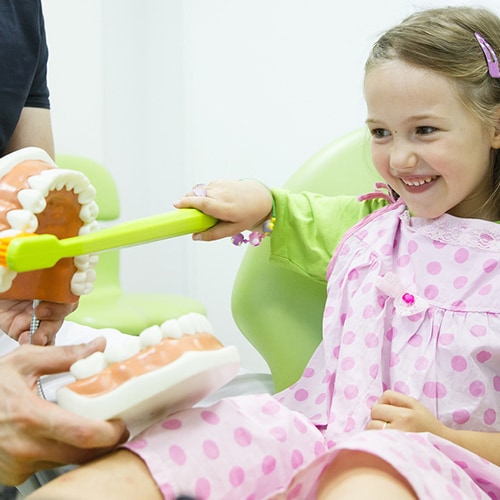 Young child playing using a large toothbrush to brush a mouth model while wearing an apron 